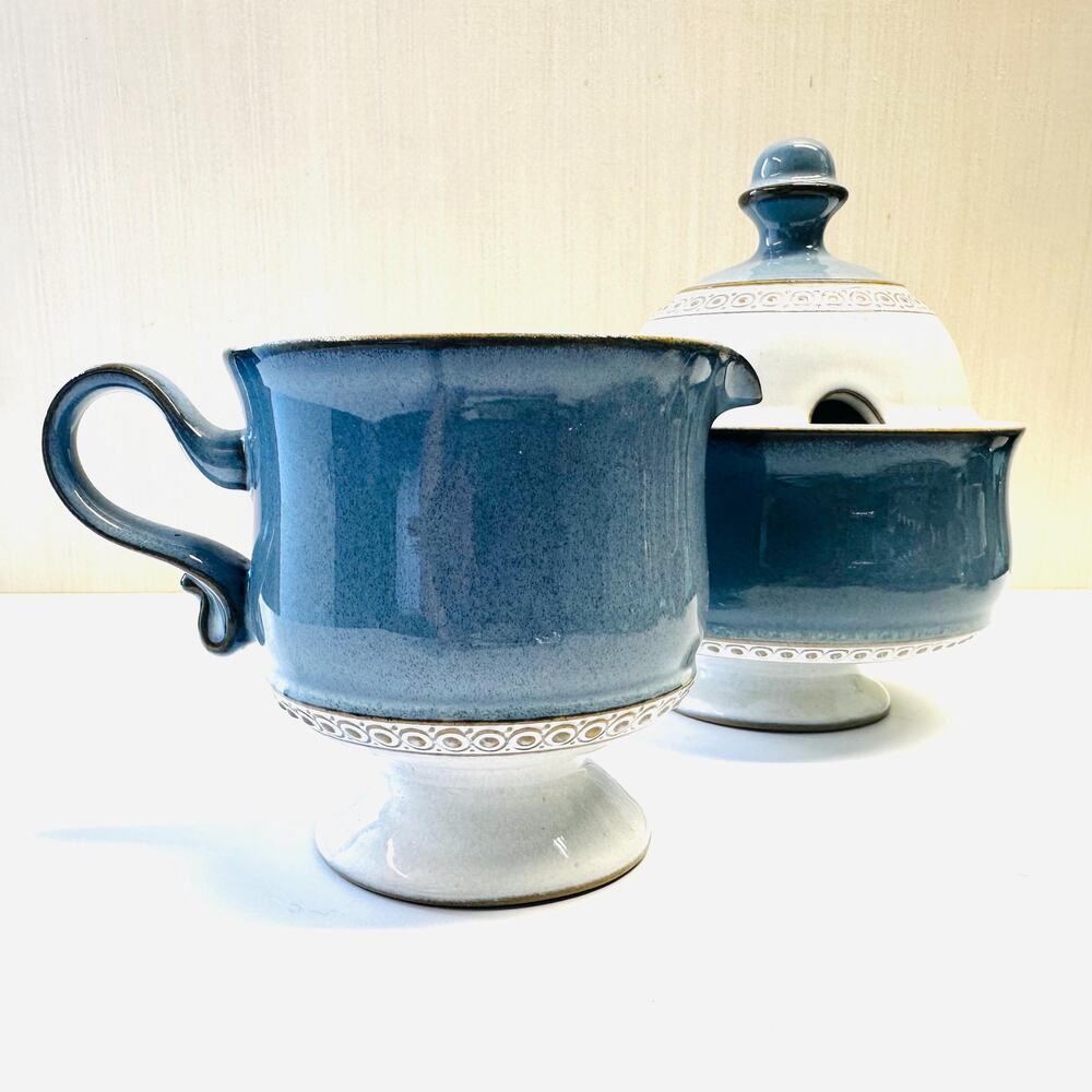 Vintage Denby Langley Castile Blue Stoneware Creamer and Sugar Set Made England